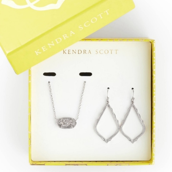 Kendra Scott Sophia Earrings & Elisa Necklace Rhodium Silver Platinum Drusy Set - Picture 2 of 6